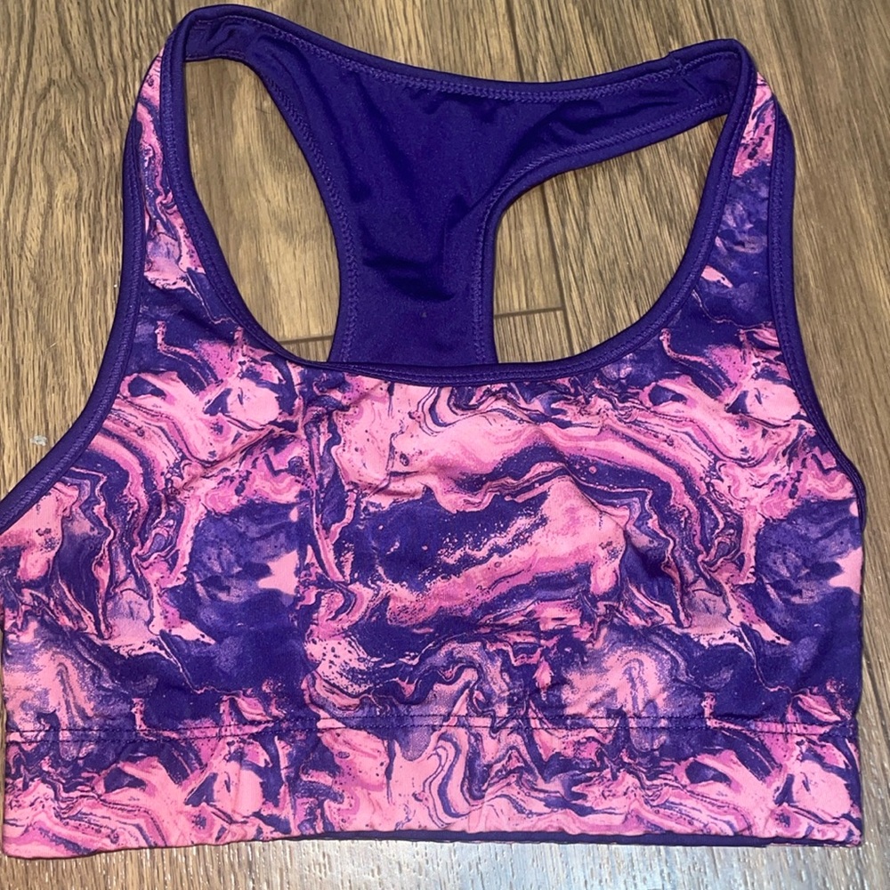 Purple and pink marble sports bra